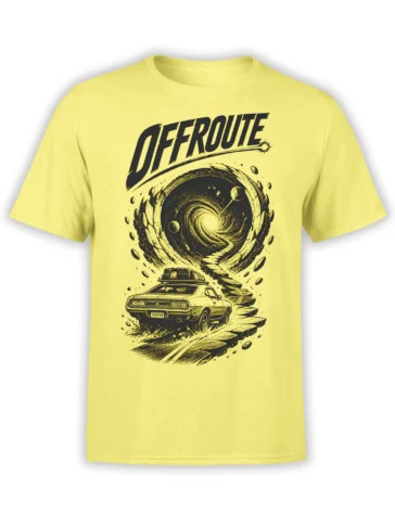 Yellow T-shirt with a vintage car driving toward a swirling cosmic portal and bold OFFROUTE lettering