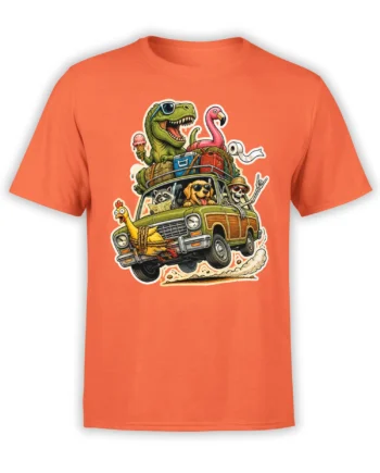 Orange T-shirt with a colorful retro road trip scene featuring animals, a skeleton, and a vintage station wagon