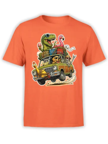 Orange T-shirt with a colorful retro road trip scene featuring animals, a skeleton, and a vintage station wagon