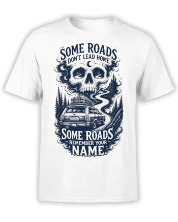White skull road trip T-shirt with a vintage station wagon on a winding forest road