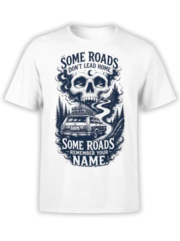 White skull road trip T-shirt with a vintage station wagon on a winding forest road