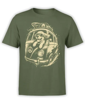 Olive green dog t-shirt with a goggle-wearing pup riding in a vintage van