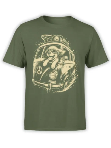 Olive green dog t-shirt with a goggle-wearing pup riding in a vintage van