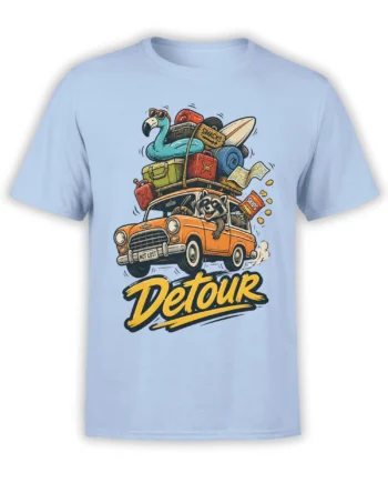 Light blue road trip T-shirt with orange vintage car, flamingo, raccoon, travel gear, and Detour lettering