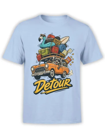 Light blue road trip T-shirt with orange vintage car, flamingo, raccoon, travel gear, and Detour lettering