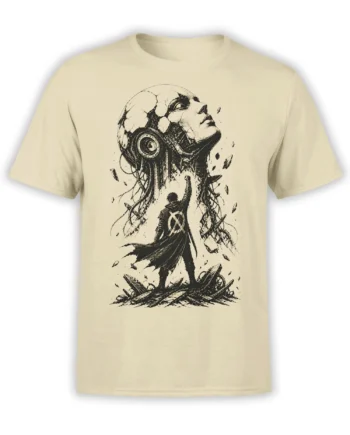 Beige fantasy T-shirt with a caped figure facing a giant cracked face in detailed black ink artwork
