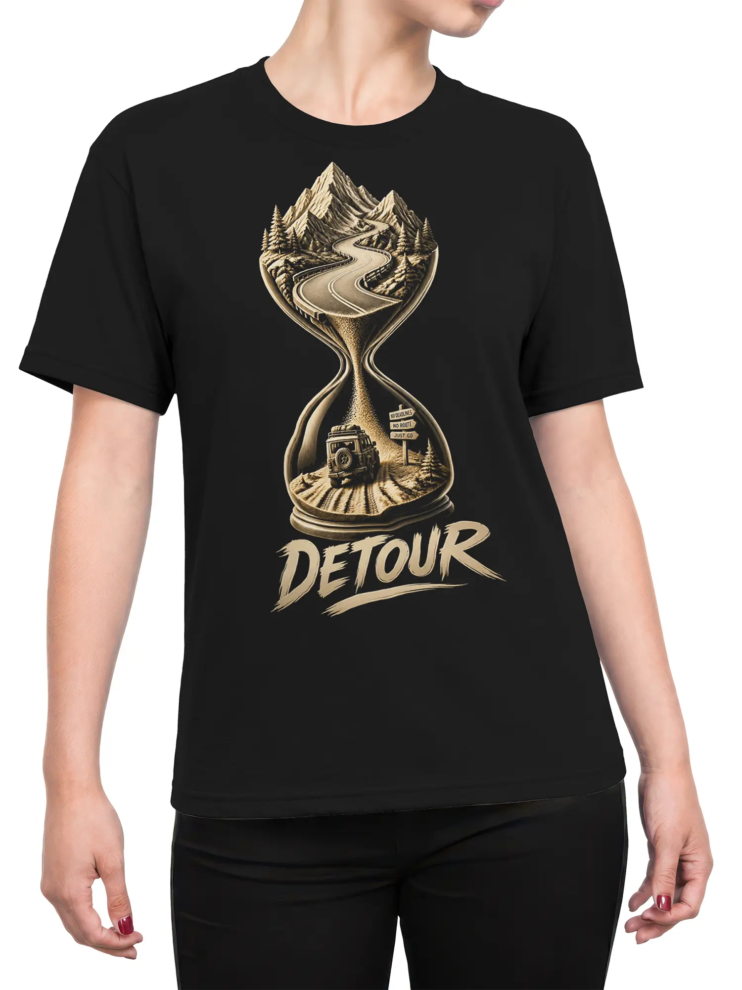 Female torso wearing a black road trip T-shirt with vintage mountain and off-road DETOUR design