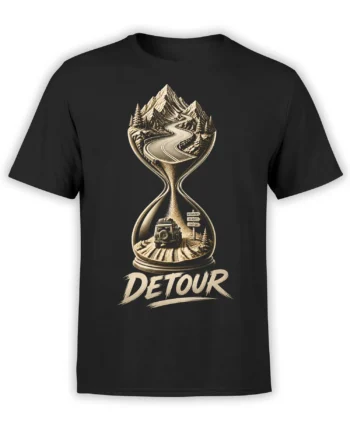 Black road trip T-shirt with vintage mountain landscape, winding road, off-road vehicle, and bold DETOUR text