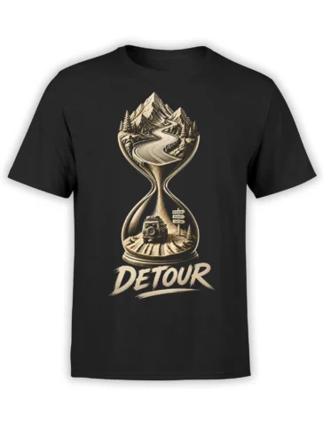Black road trip T-shirt with vintage mountain landscape, winding road, off-road vehicle, and bold DETOUR text