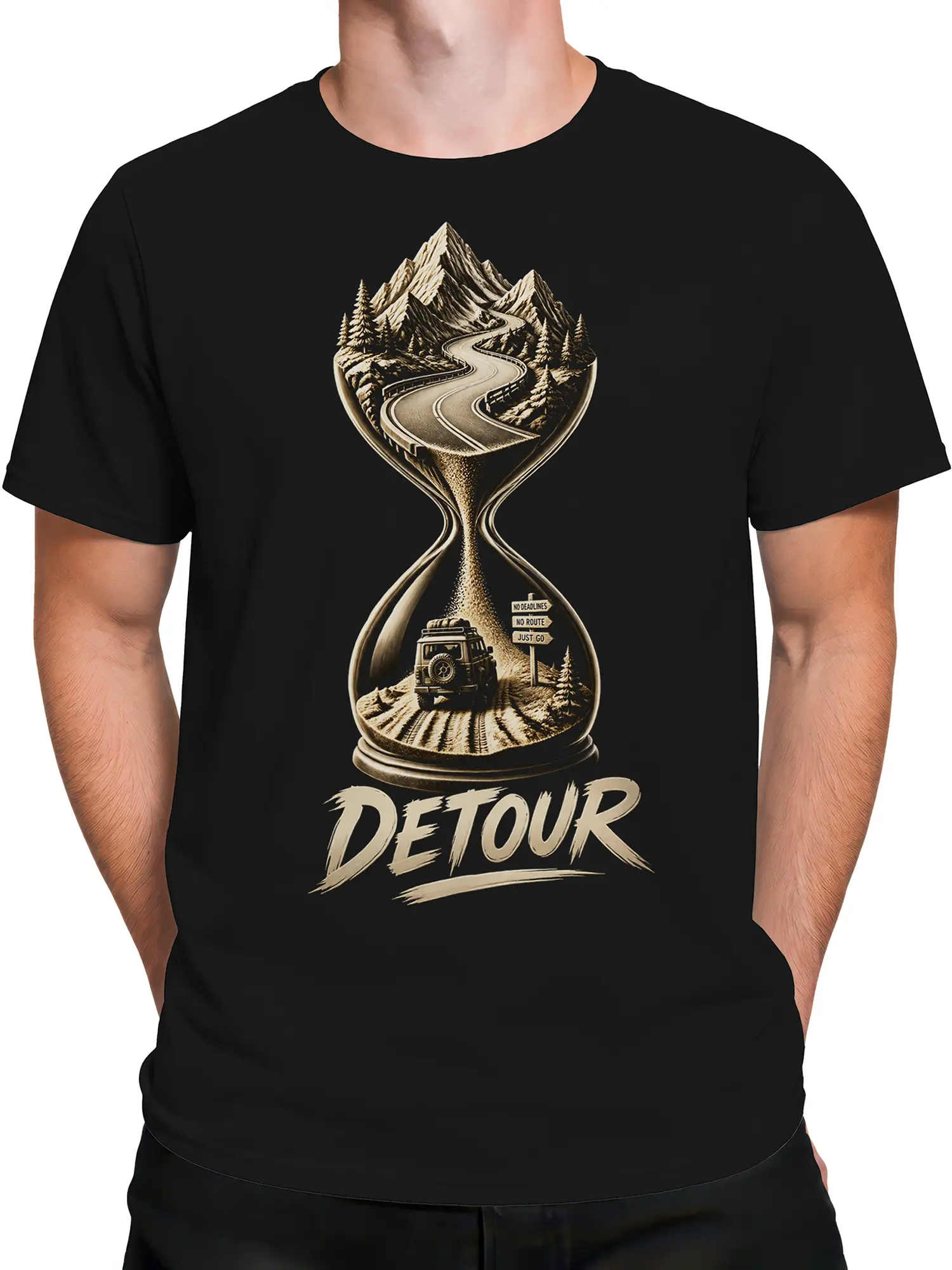 Male torso wearing a black vintage road trip T-shirt with mountain landscape and DETOUR graphic