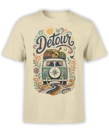 Vintage travel van graphic with compass, guitar, winding road, and Detour Wander lettering on a beige T-shirt