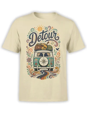 Vintage travel van graphic with compass, guitar, winding road, and Detour Wander lettering on a beige T-shirt