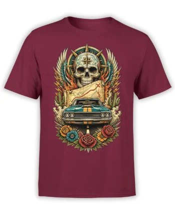 Burgundy skull T-shirt with classic muscle car, compass, desert map, cacti, flames, and roses