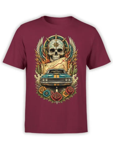Burgundy skull T-shirt with classic muscle car, compass, desert map, cacti, flames, and roses