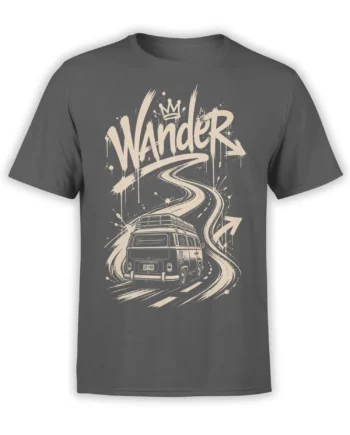 Dark gray road trip T-shirt with cream Wander lettering, a crowned wordmark, winding highway, and vintage van