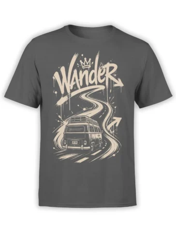Dark gray road trip T-shirt with cream Wander lettering, a crowned wordmark, winding highway, and vintage van