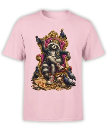 Pink T-shirt featuring a crowned raccoon on a throne with pigeons, pizza, and scattered cans