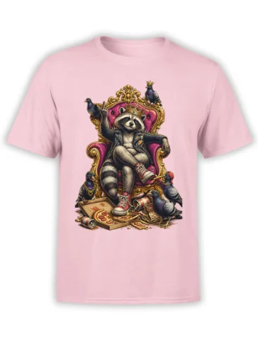 Pink T-shirt featuring a crowned raccoon on a throne with pigeons, pizza, and scattered cans