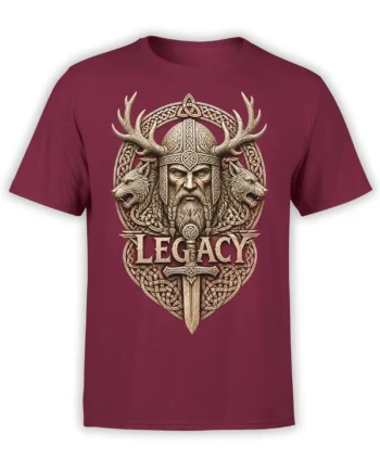 Burgundy Viking T-shirt with bearded warrior, wolves, antlers, sword, and LEGACY design
