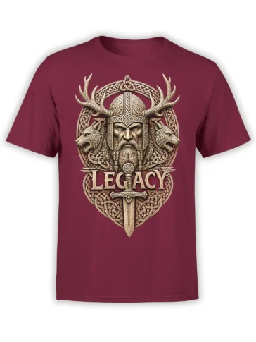 Burgundy Viking T-shirt with bearded warrior, wolves, antlers, sword, and LEGACY design