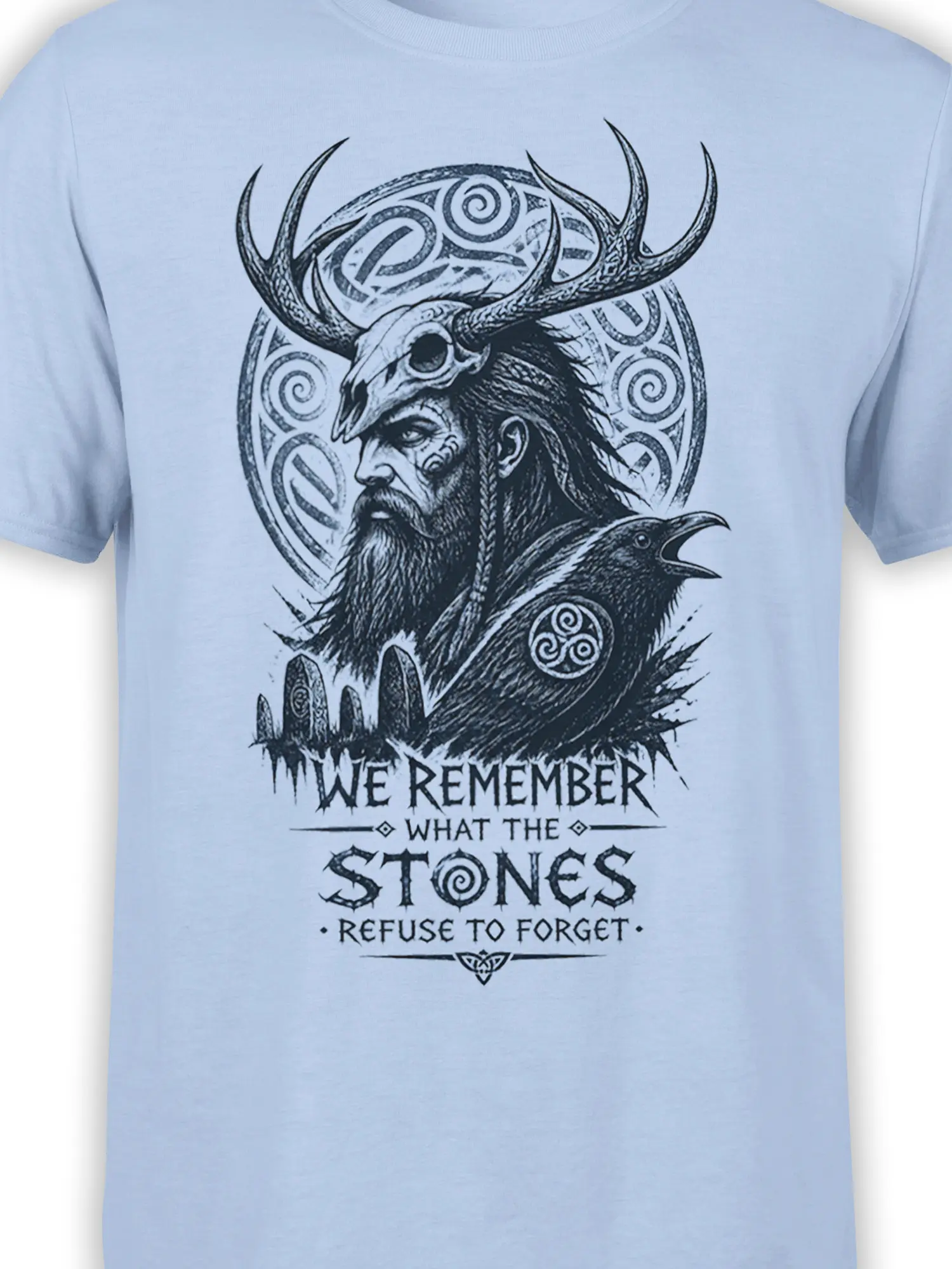 Close-up of bearded warrior, raven, antlered skull, and ancient symbols on light blue shirt