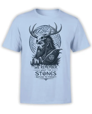 Light blue warrior T-shirt with bearded figure, antlered skull, raven, symbols, and memory quote