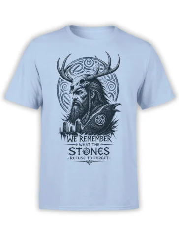 Light blue warrior T-shirt with bearded figure, antlered skull, raven, symbols, and memory quote