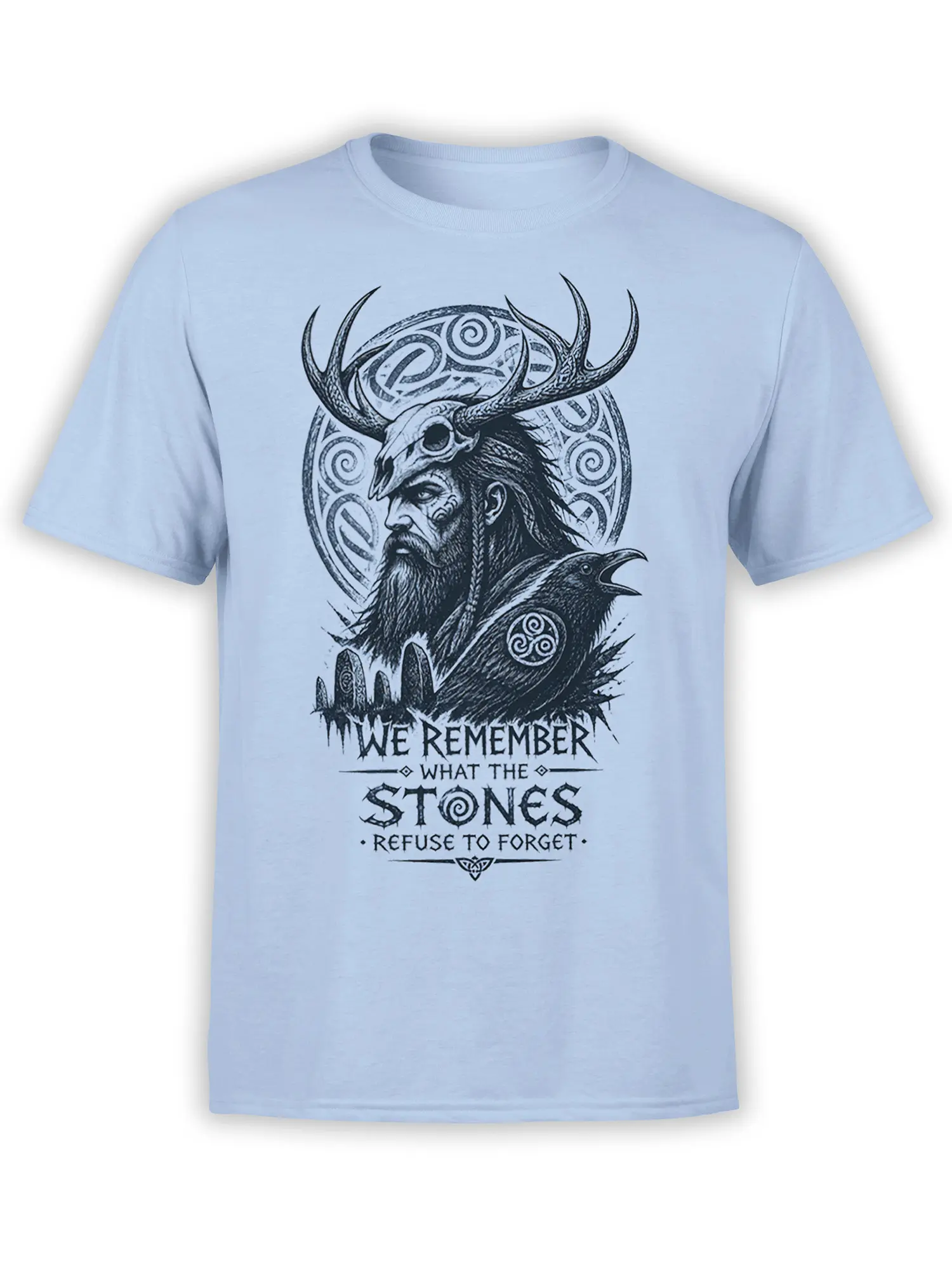 Light blue warrior T-shirt with bearded figure, antlered skull, raven, symbols, and memory quote