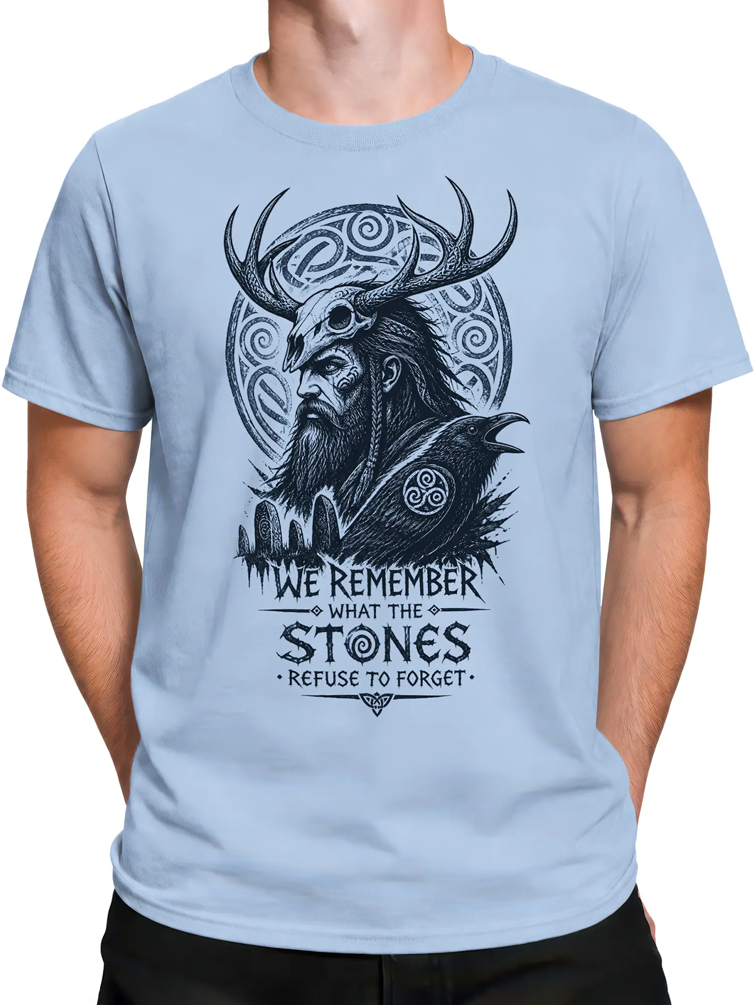 Light blue male-fit T-shirt with bearded warrior, raven, antlered skull, and ancient symbol artwork