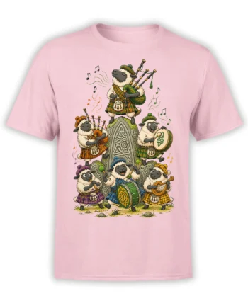 Pink T-shirt with six tartan-clad sheep playing bagpipes, drums, and harp around a Celtic stone
