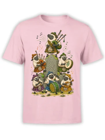 Pink T-shirt with six tartan-clad sheep playing bagpipes, drums, and harp around a Celtic stone