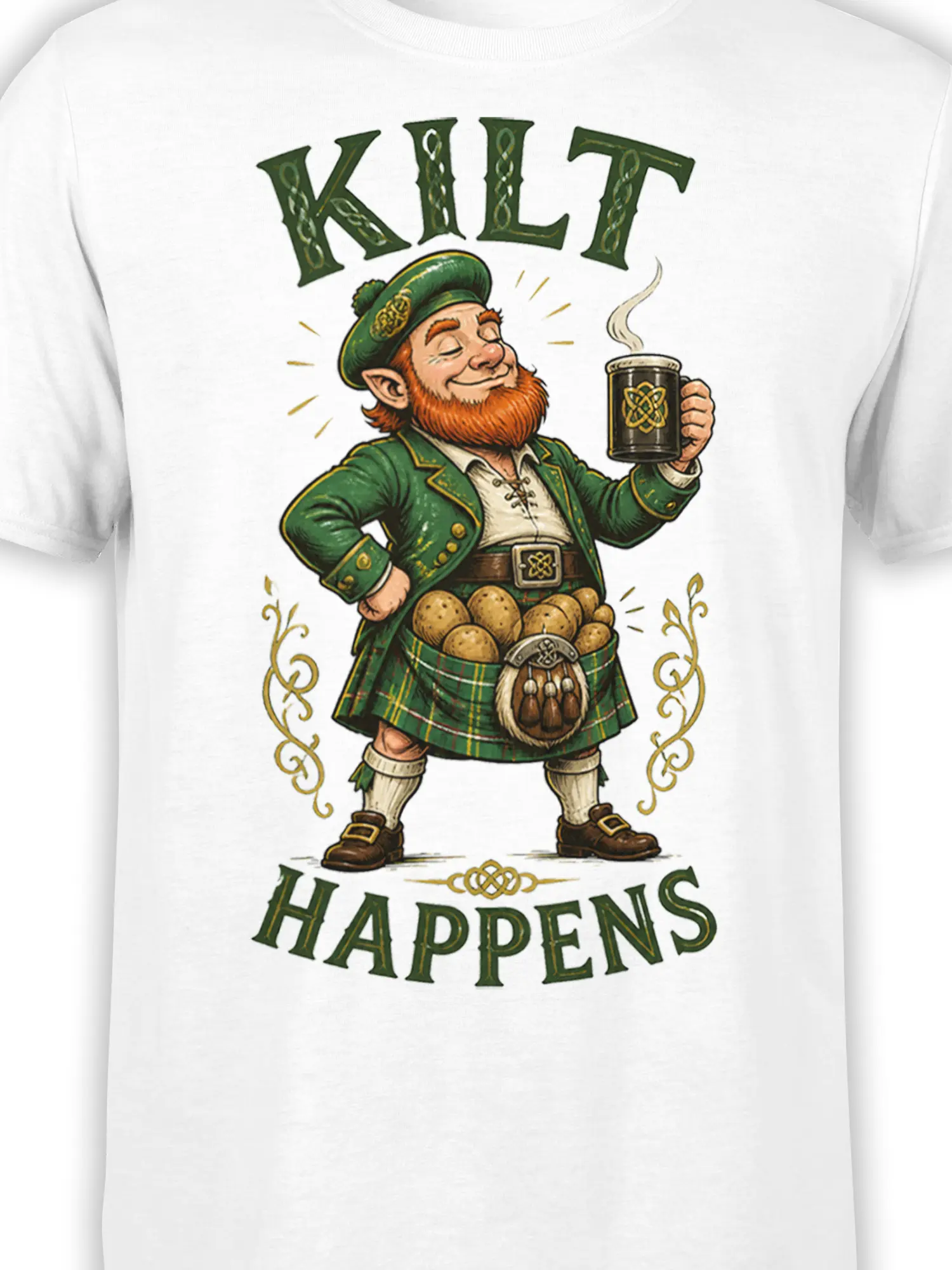 Close-up of the Kilt Happens design with Celtic lettering, green clothing, plaid kilt, and beer mug on white