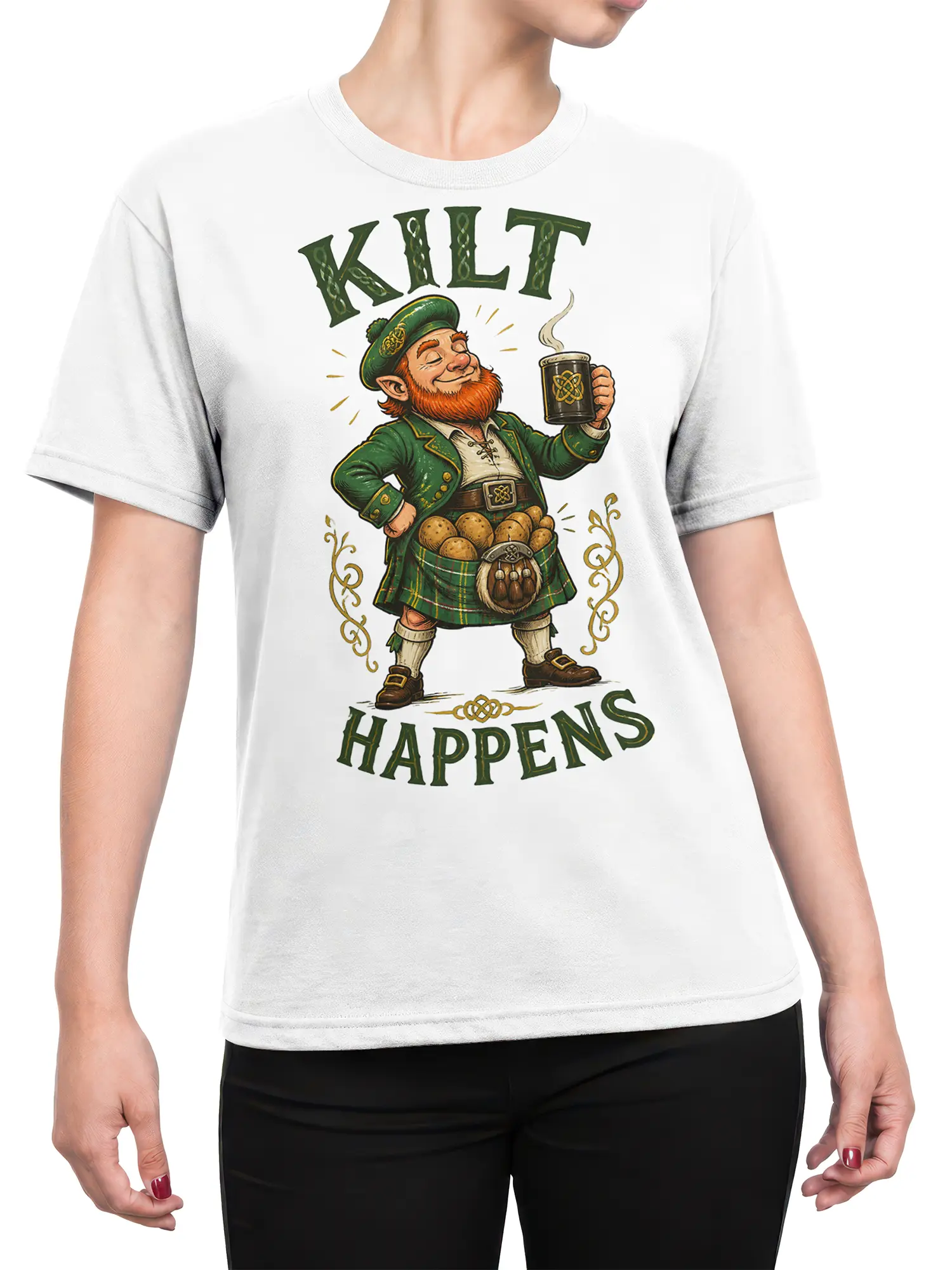 Female torso wearing a white Kilt Happens T-shirt with a kilted character, beer mug, and Celtic-style artwork