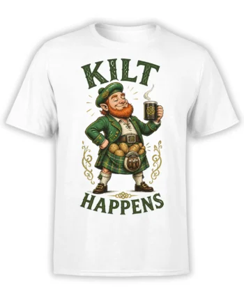White T-shirt with a red-bearded kilted character holding a beer mug and the words “KILT HAPPENS”