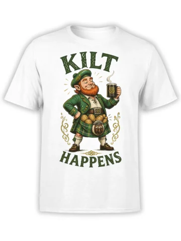 White T-shirt with a red-bearded kilted character holding a beer mug and the words “KILT HAPPENS”