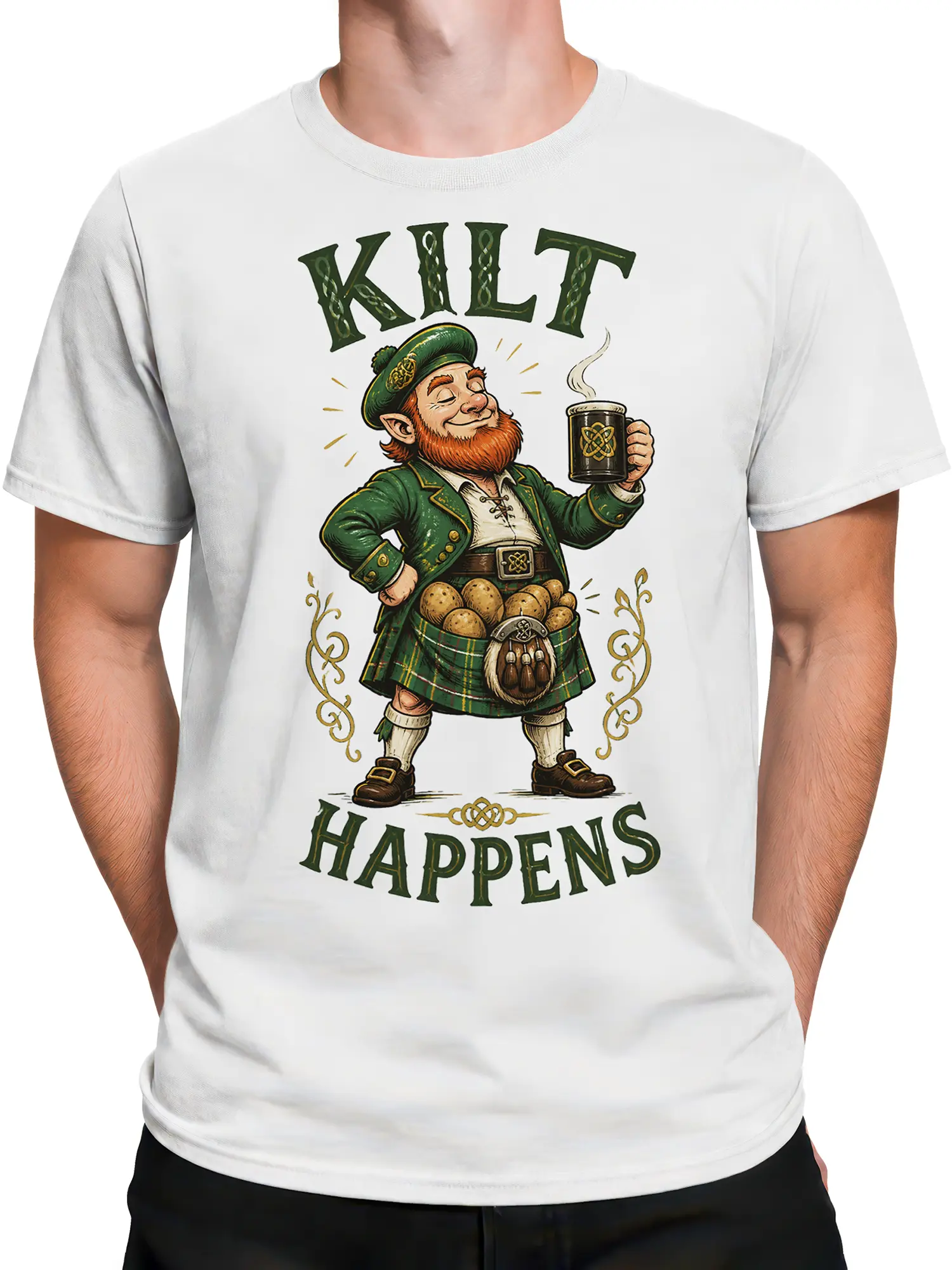 Male torso wearing a white Kilt Happens T-shirt with a red-bearded character and beer-themed slogan