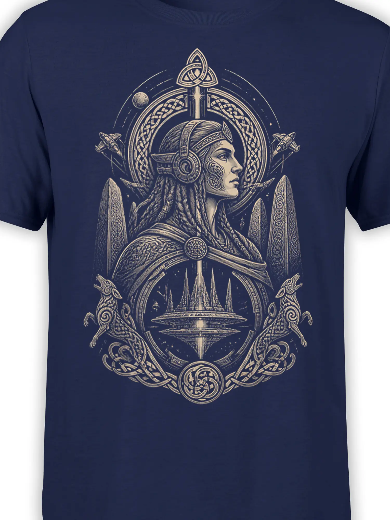 Close-up of Norse warrior artwork with braided hair, helmet details, knotwork, and celestial symbols on navy