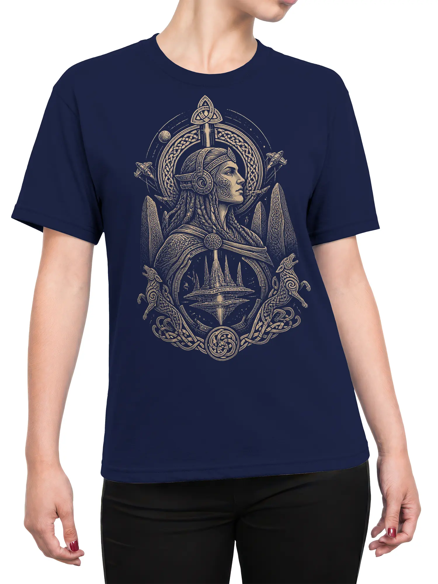 Female torso wearing navy T-shirt with Norse warrior, knotwork, and celestial fantasy artwork