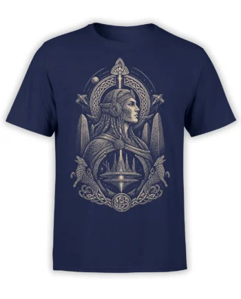 Norse-inspired female warrior T-shirt with ornate knotwork and celestial symbols on navy