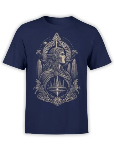 Norse-inspired female warrior T-shirt with ornate knotwork and celestial symbols on navy