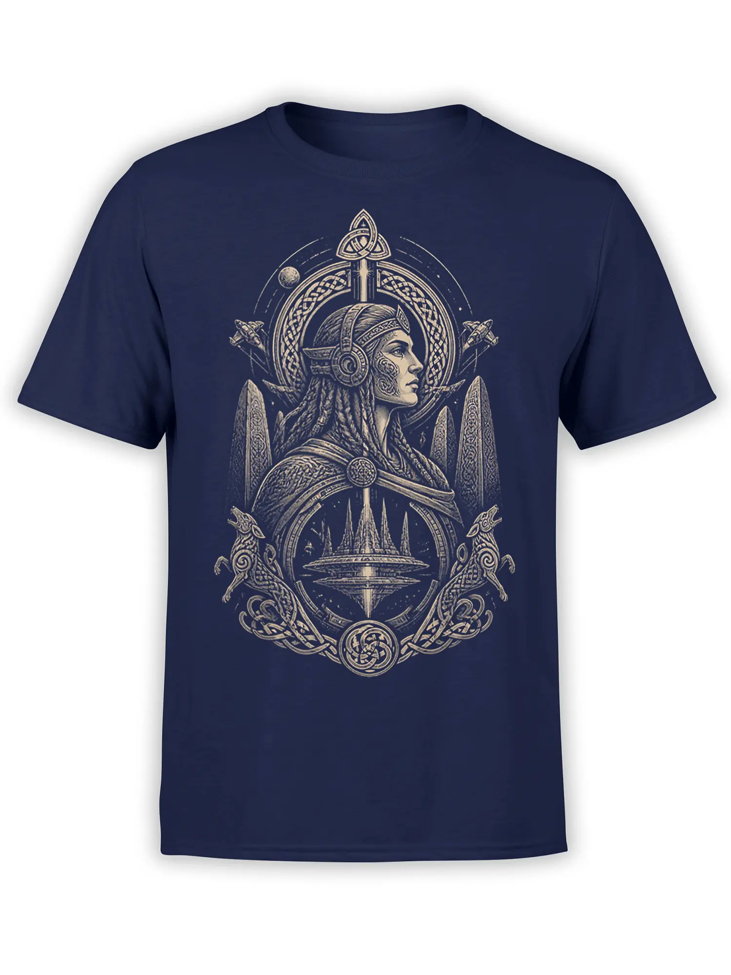 Norse-inspired female warrior T-shirt with ornate knotwork and celestial symbols on navy