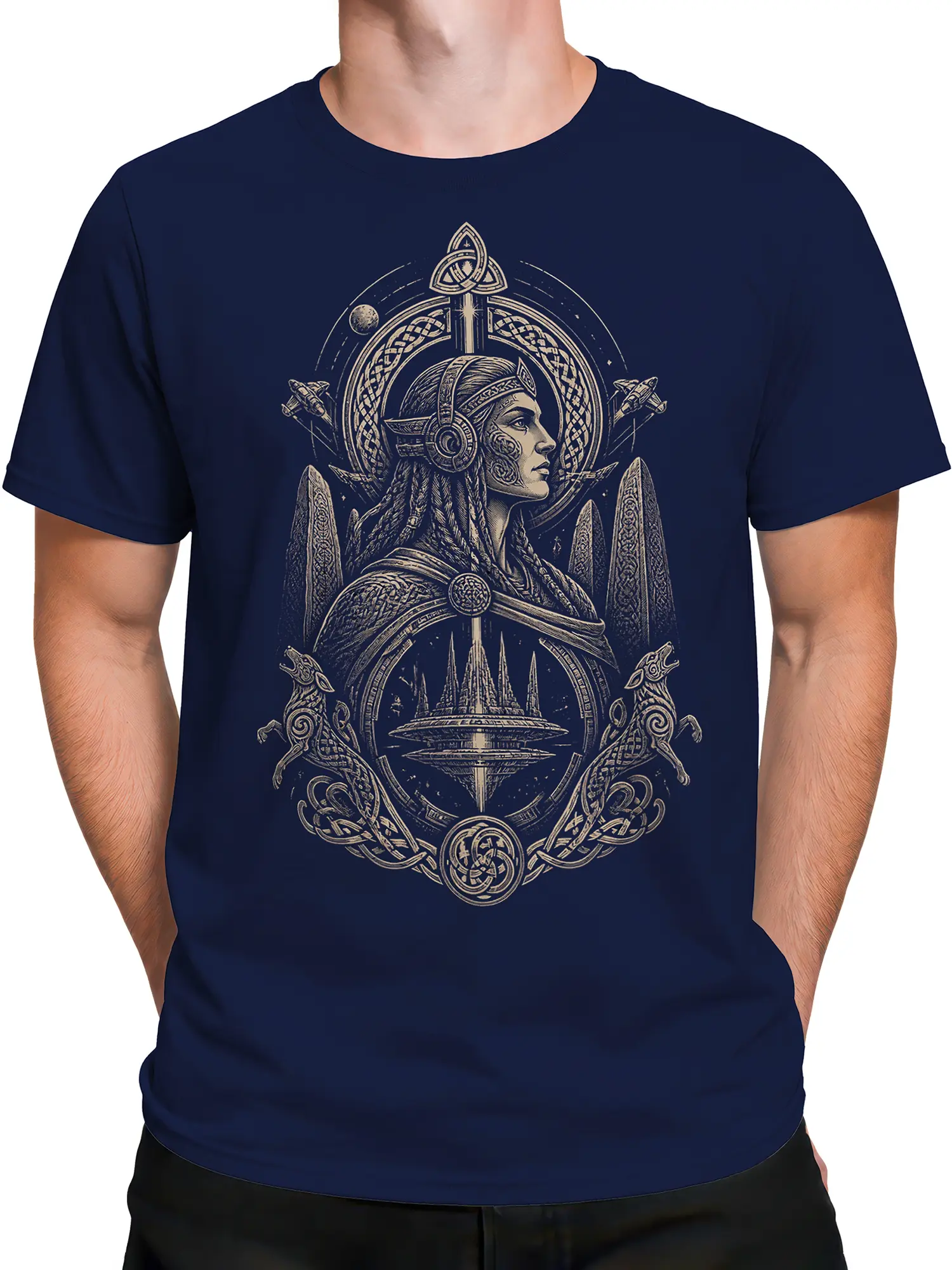 Male torso wearing navy T-shirt with Norse warrior and ornate fantasy artwork
