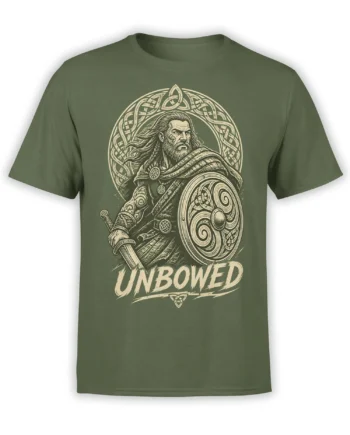 Olive green Viking T-shirt with a bearded shield warrior, sword, rune-style artwork, and UNBOWED text