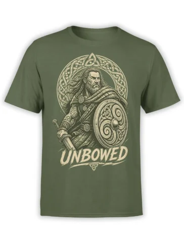 Olive green Viking T-shirt with a bearded shield warrior, sword, rune-style artwork, and UNBOWED text