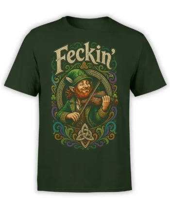 Green T-shirt with a smirking leprechaun playing violin beneath ornate Celtic lettering and knotwork