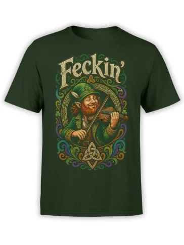 Green T-shirt with a smirking leprechaun playing violin beneath ornate Celtic lettering and knotwork