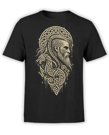 Bearded Viking warrior profile with ornate knotwork printed on a black T-shirt