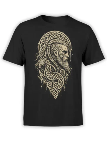 Bearded Viking warrior profile with ornate knotwork printed on a black T-shirt