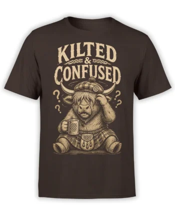 Brown T-shirt with a vintage kilted highland cow holding a mug under “KILTED & CONFUSED” lettering