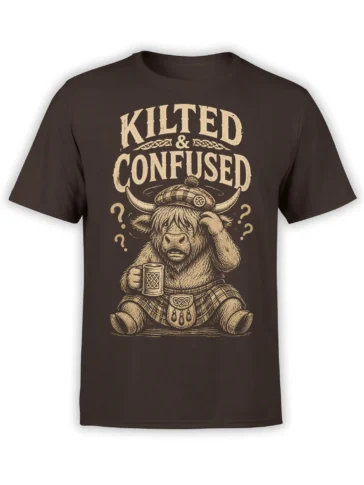 Brown T-shirt with a vintage kilted highland cow holding a mug under “KILTED & CONFUSED” lettering